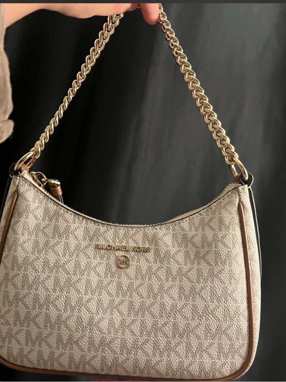 Michael Kors Beige Signature Shoulder Bag with Gold Chain Handle